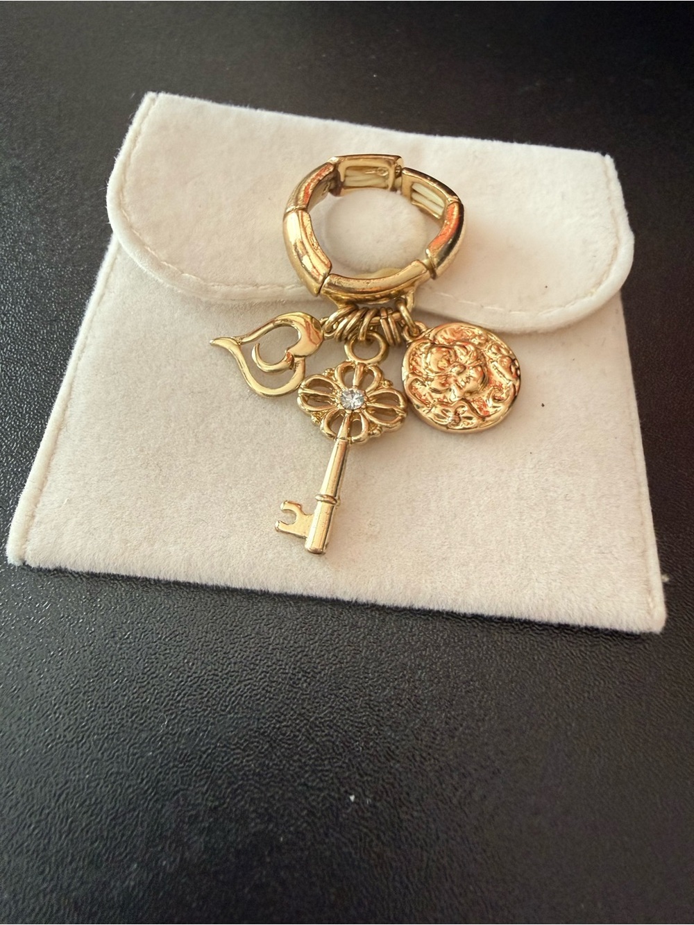 Vintage Gold Charm Stretch Ring Key Heart Medallion Boho
